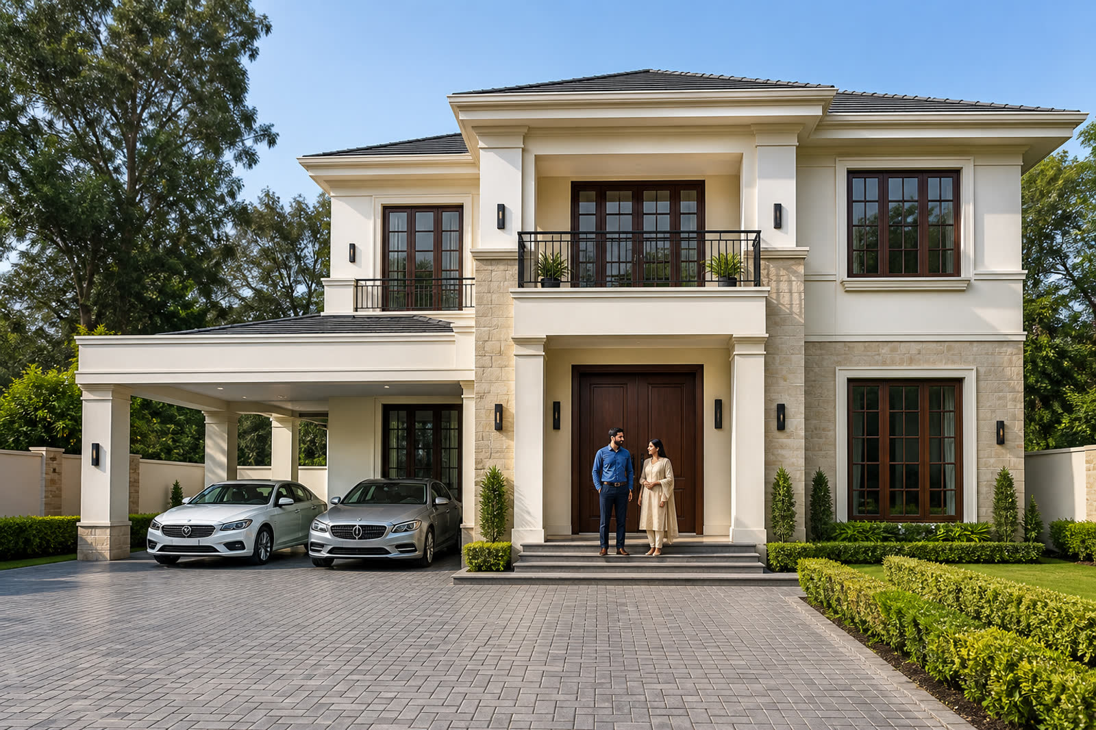 Independent G+1 villa on a 40 by 70 plot in Mohali, cream plaster and stone with a covered car porch.