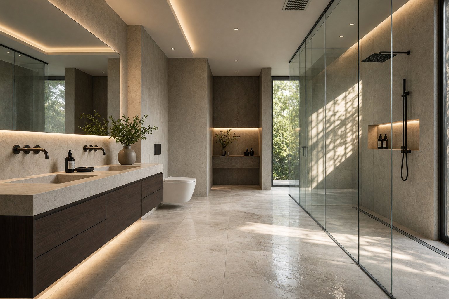 Design visual of a stone bathroom. Design study.