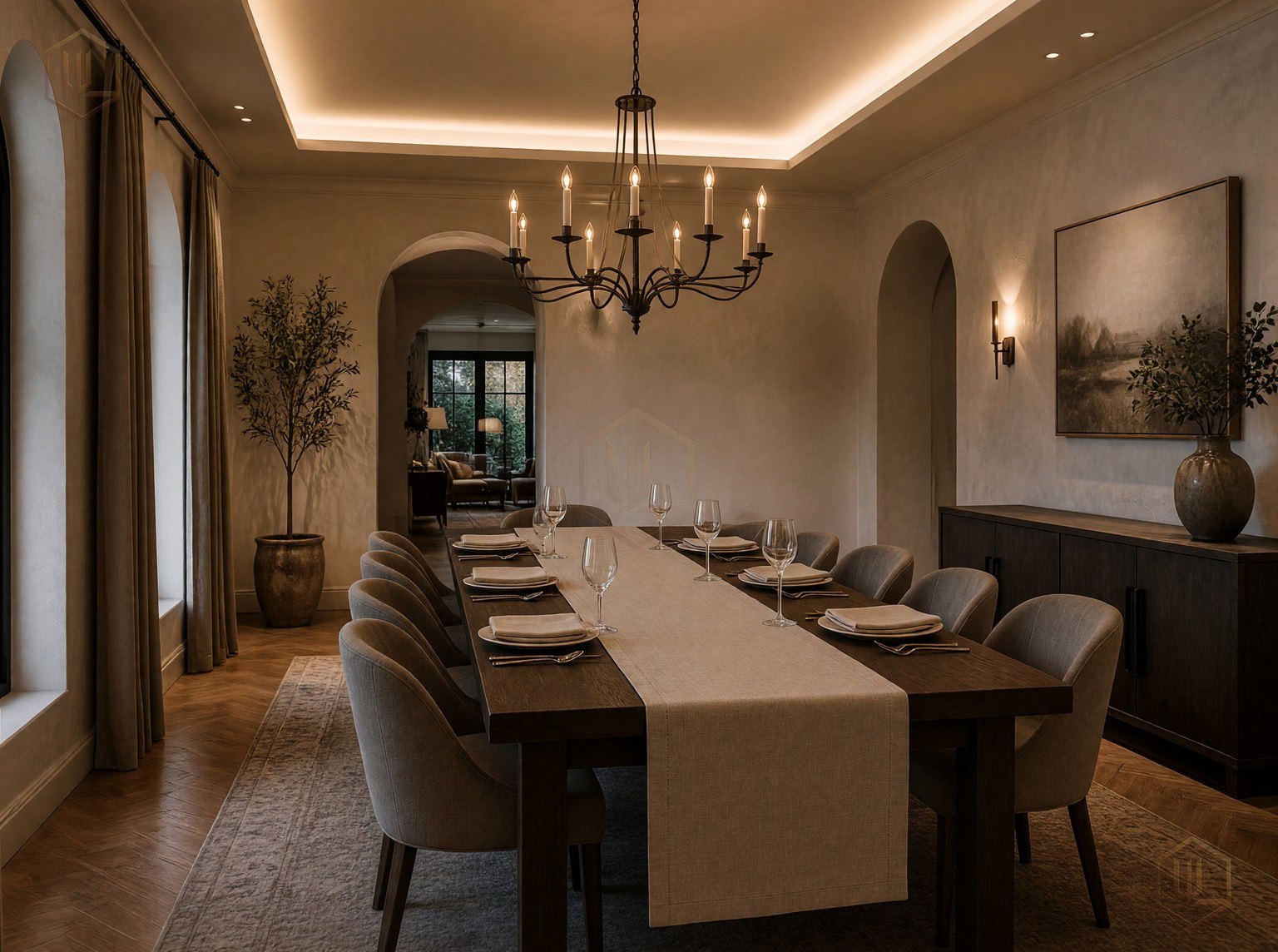 Design visual of a restaurant dining room with table linen. Design study.