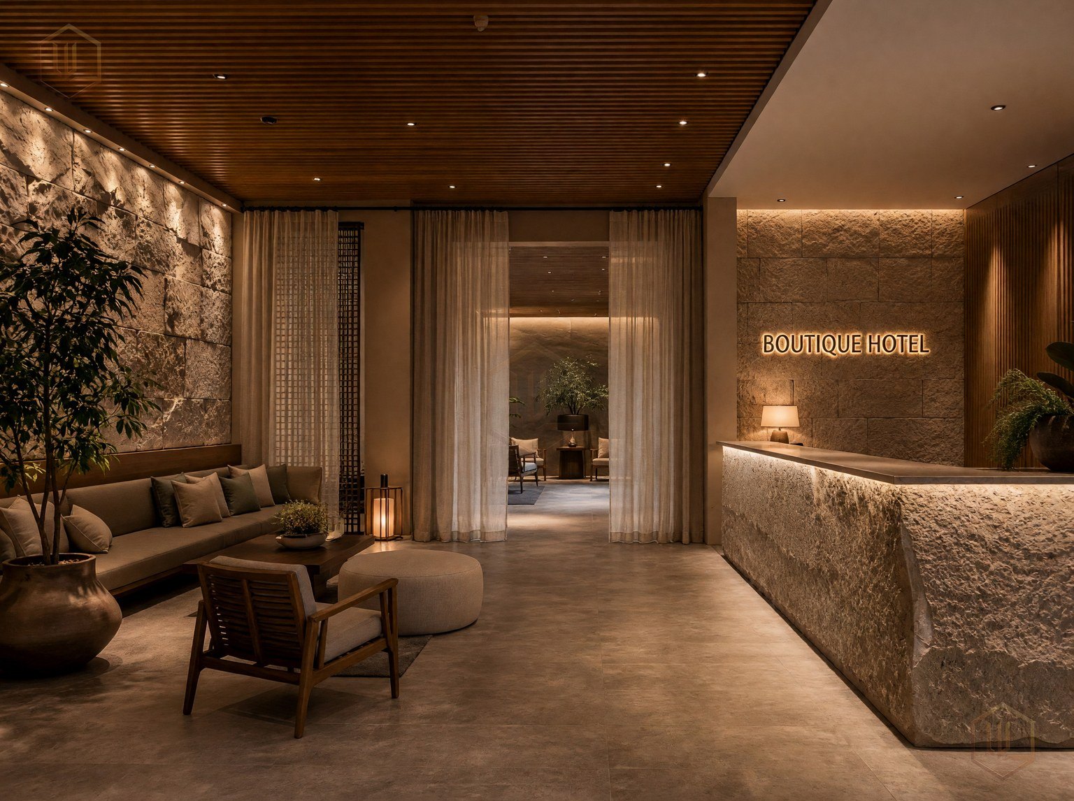 Design visual of a hotel lobby with sheer drapery. Design study.
