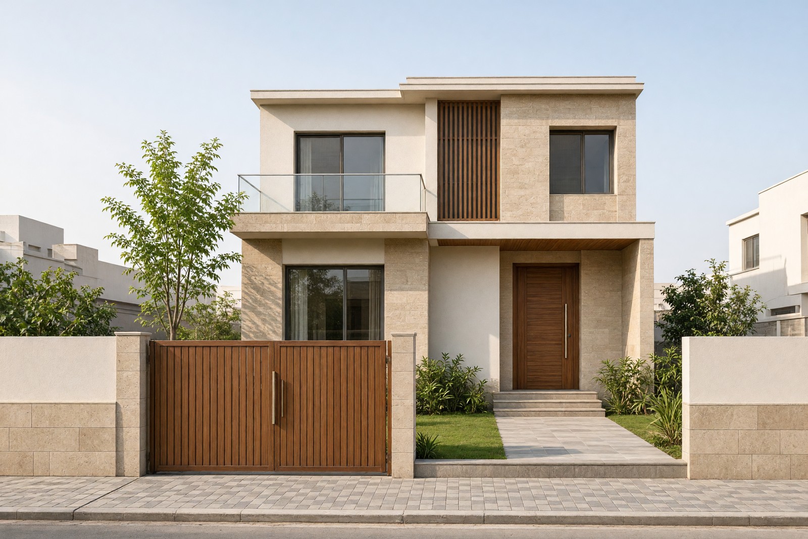 Design study of a G+1 house street front by day: timber gate, boundary wall, stone and plaster.