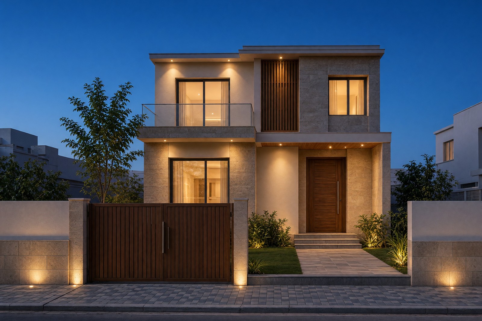 G+1 house street front at dusk, lit porch and boundary wall. Design study.