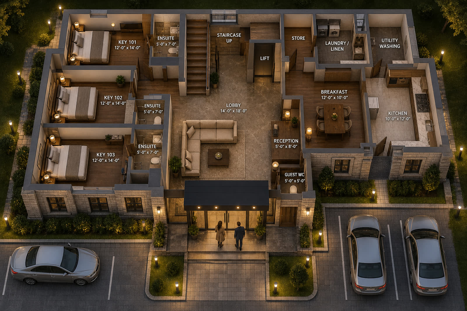 Cutaway overview of a commission: guest keys, lobby, reception and service rooms, roof lifted.