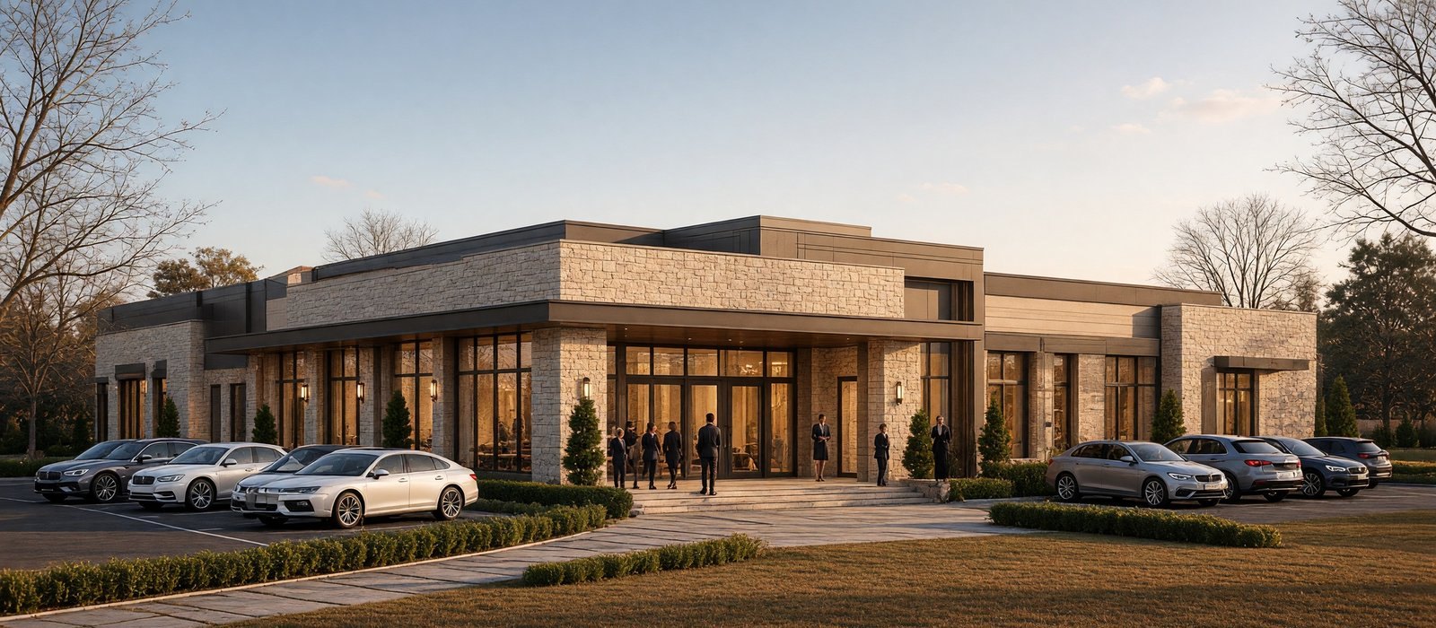 G+2 banquet hall street front at dusk on a 50 by 80 plot in Jalandhar, stone and glass with the entrance on the street.