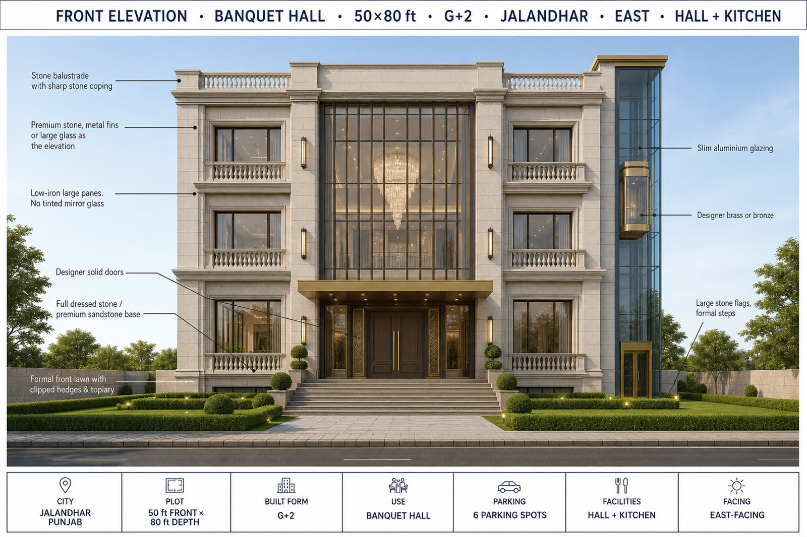 Front elevation of a G+2 banquet hall on a 50 by 80 plot in Jalandhar, stone and glass with a marked drawing plate.