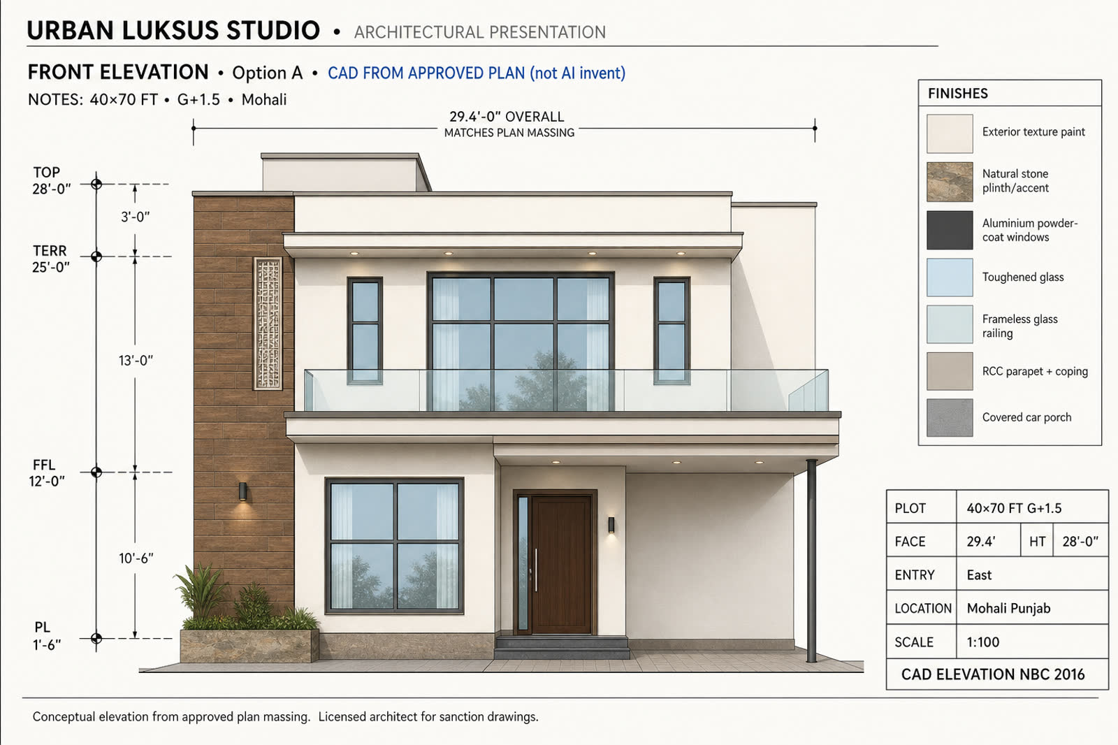 Front elevation drawing plate, 40 by 70 plot in Mohali, CAD from an approved plan.