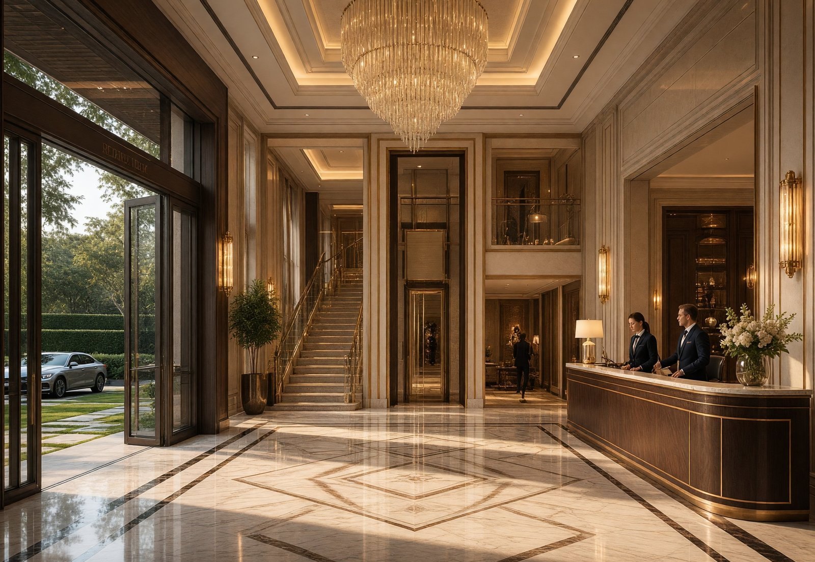 Interior study for a hotel lobby: inlaid marble floor, chandelier, reception desk and stair.