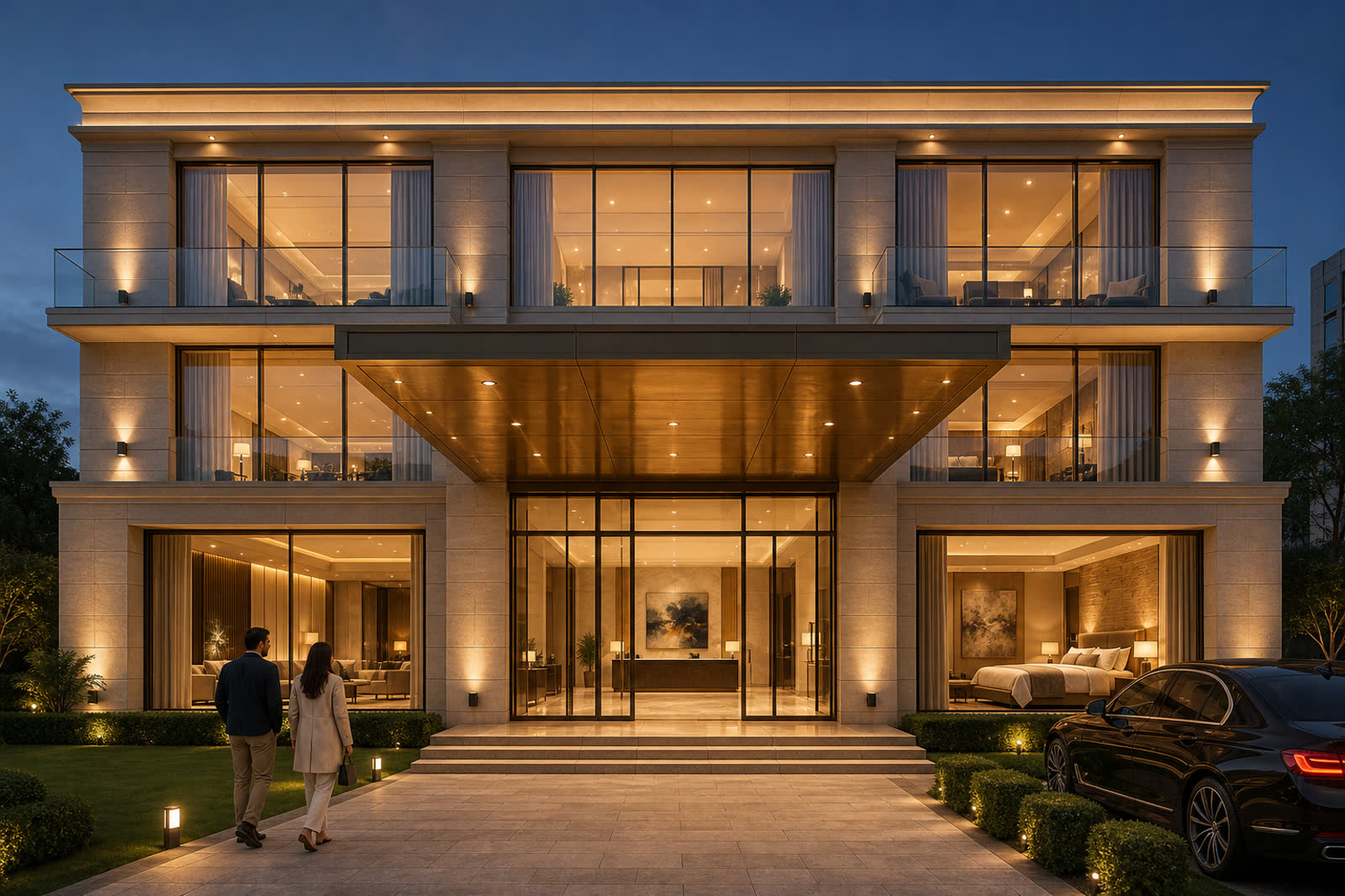 Boutique hotel in Ludhiana at dusk, G+2 stone facade with a brass entrance canopy and lit interiors.