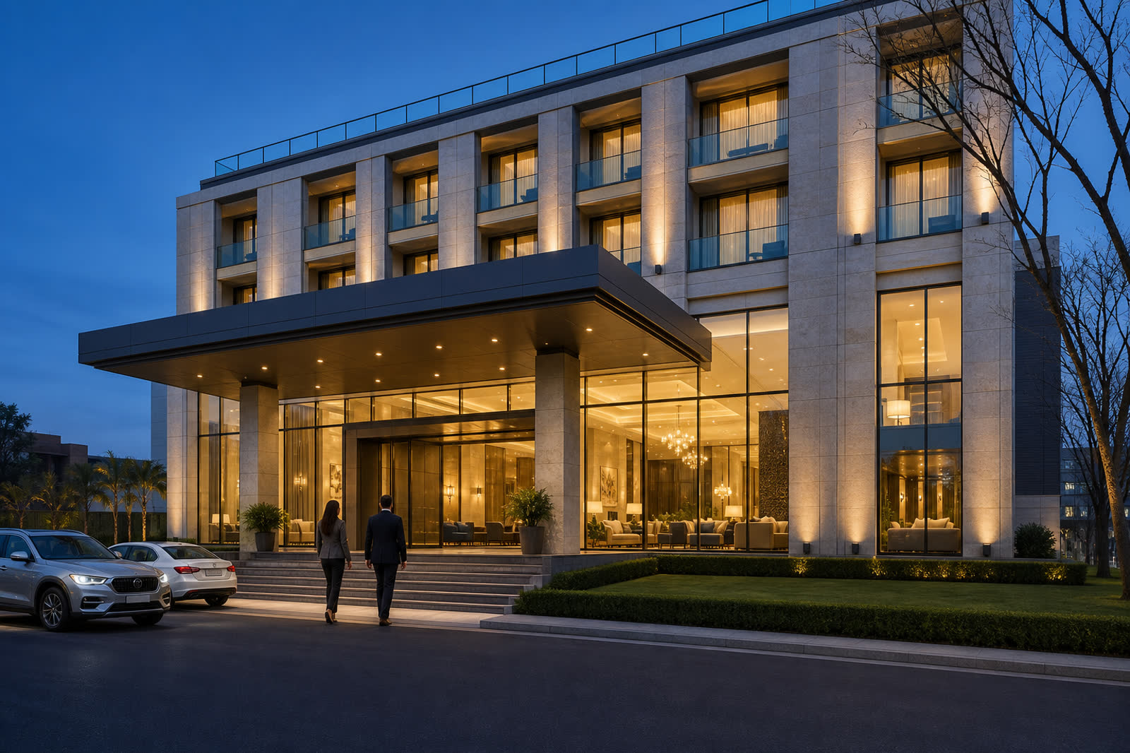 Hotel street elevation in Ludhiana at dusk, stone facade and a dark entrance canopy.